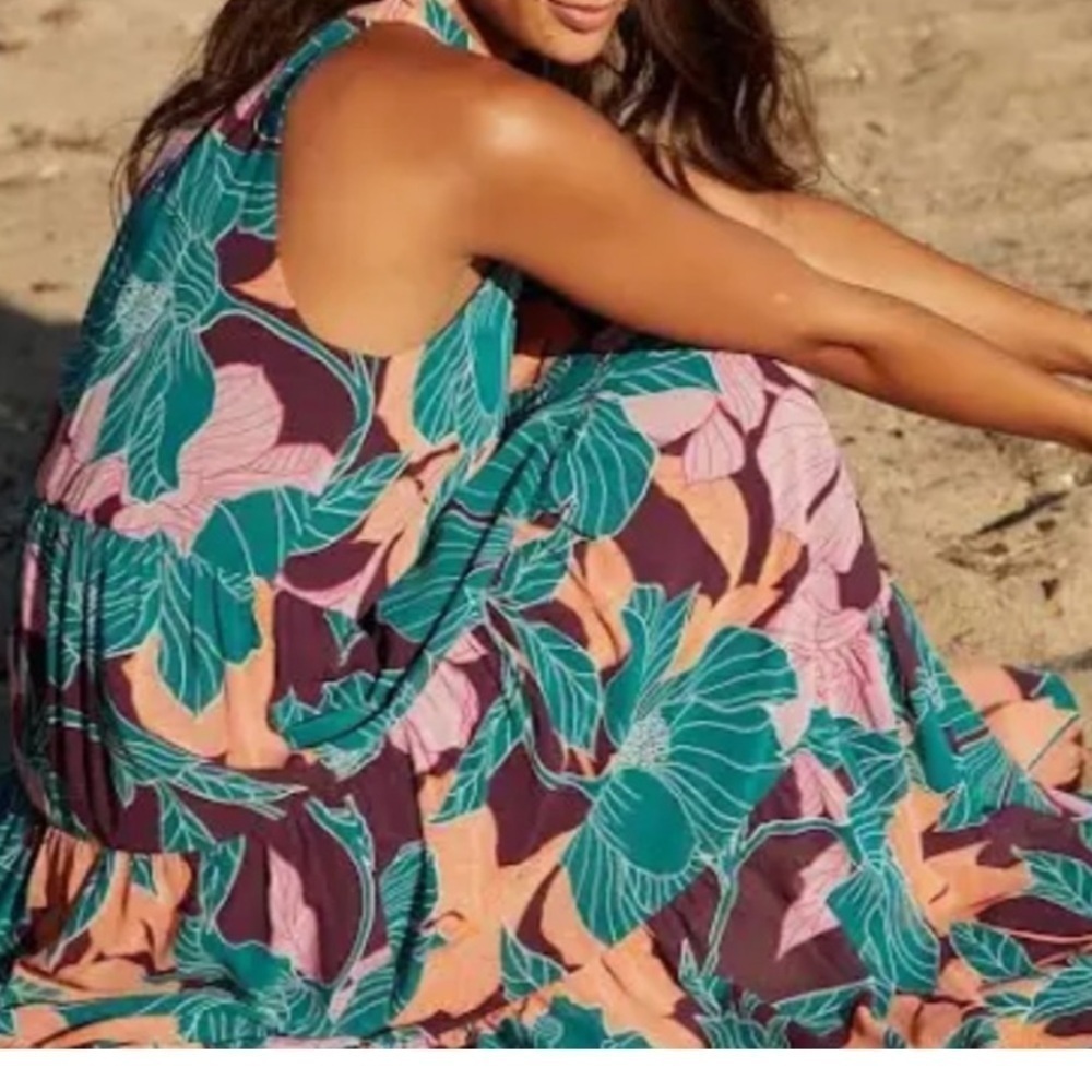 Trina Turk NWT Sunglasses Maxi Dress Tropical Print Teal,Pink,Tangerine Sz M - Picture 3 of 14